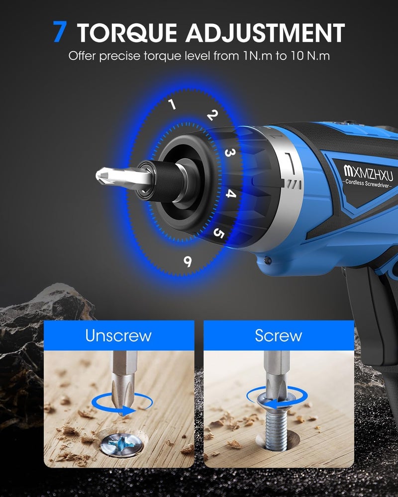 MXMZHXU 8V Cordless Screwdriver,6+1 Torque Max 10N·m Electric Power Screwdriver with 47 Accessories,180°Pivoting Handle, 2000mAh Rechargeable Screw Gun&Bit Set with LED Light, Flexible Shaft,for Home,Office - Image 4